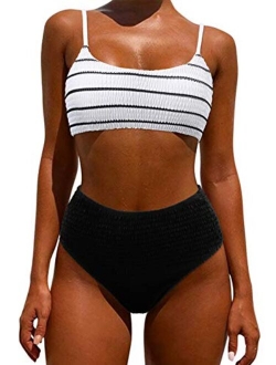 Women's Bandeau Bikini Sets Cute Shirred Swimsuit High Waisted Bathing Suit