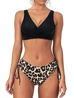INSTINNCT Women Leopard Print Bikini Sets Off Shoulder Bandage Swim Suits High Waist Thong Swimwear