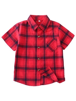 Boys Button Down Short Sleeve Shirts Toddler Buffalo Plaid Shirt with Pocket School Uniform Dress Shirt