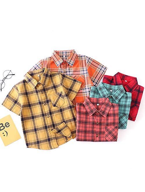 Boys Button Down Short Sleeve Shirts Toddler Buffalo Plaid Shirt with Pocket School Uniform Dress Shirt