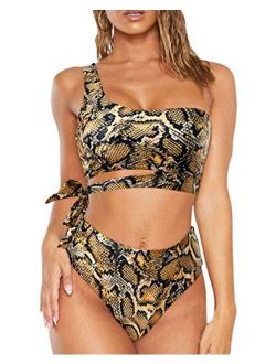 Women Leopard One Shoulder High Waisted Bikini Tie Knot 2 Piece Swimsuits