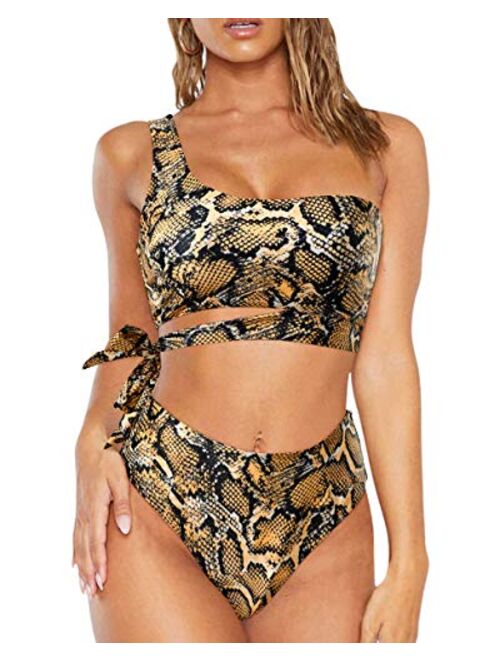 OMKAGI Women Leopard One Shoulder High Waisted Bikini Tie Knot 2 Piece Swimsuits