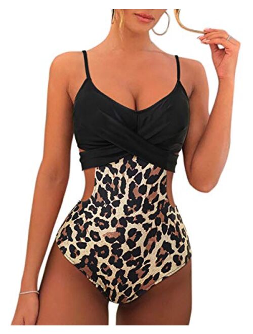 OMKAGI Women Sexy Cutout High Waisted Push Up One Piece Swimsuit Twisted Front Monokini Bathing Suit