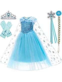 Princess Costumes Birthday Party Dress Up for Little Girls with Wig,Crown,Mace,Gloves Accessories 3-12 Years