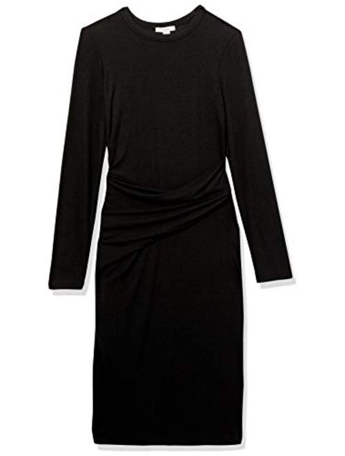 Daily Ritual Women's Rayon-Spandex Fine Rib Standard-Fit Long-Sleeve Crewneck Draped Dress