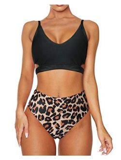 Women’s String Leopard Print High Waisted Bikini Tie Knot 2 Piece Swimsuit