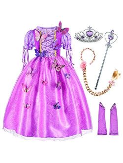 Princess Costume for Girls Party Dress Up with Long Braid and Tiaras Set Age of 3-12 Years