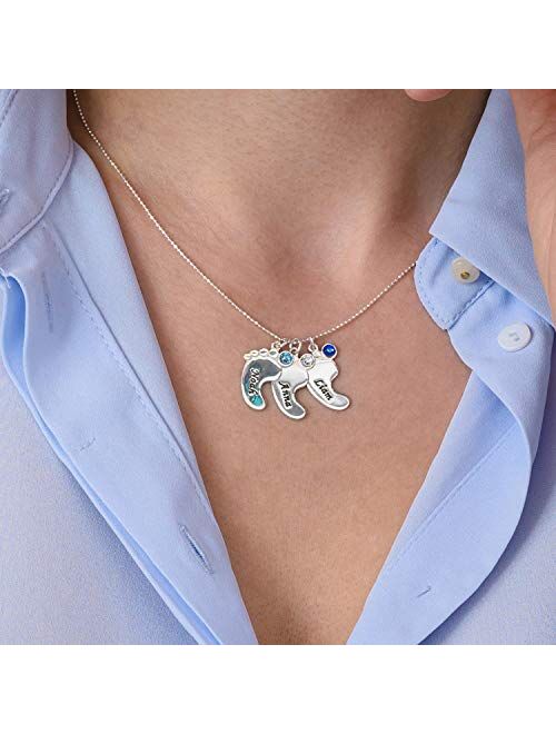MyNameNecklace Personalized Engraved Baby Feet Charms Name Necklace with Swarovski Crystals or Diamond - Mom Wife Mother Day Jewelry Gift