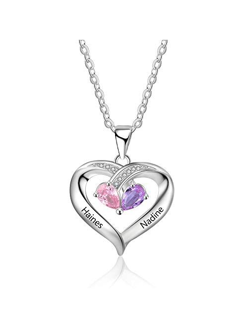 Lam Hub Fong Personalized Mothers Necklace with 2 Heart Simulated Birthstones Necklaces Couples Pendant Necklace for Women Promise Necklace for Her for Women (Style-1)