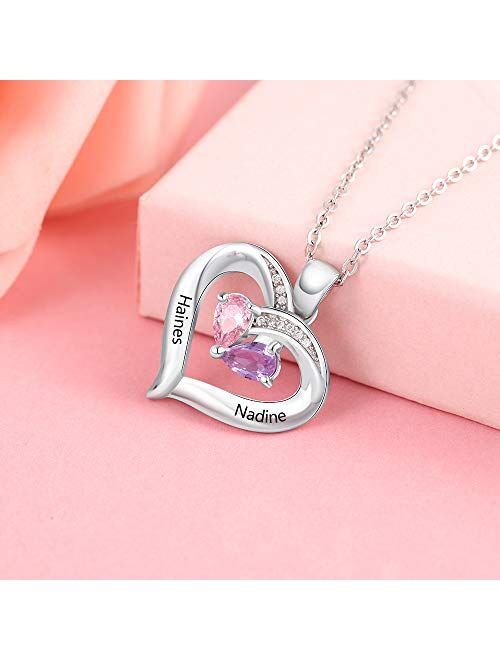 Lam Hub Fong Personalized Mothers Necklace with 2 Heart Simulated Birthstones Necklaces Couples Pendant Necklace for Women Promise Necklace for Her for Women (Style-1)
