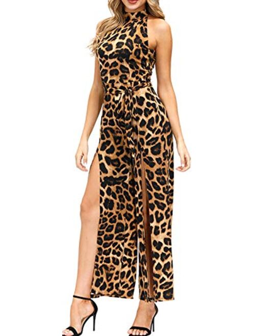 Leopard Split Wide Leg Long Pants Jumpsuit Romper Mock Neck Sleeveless Club Party