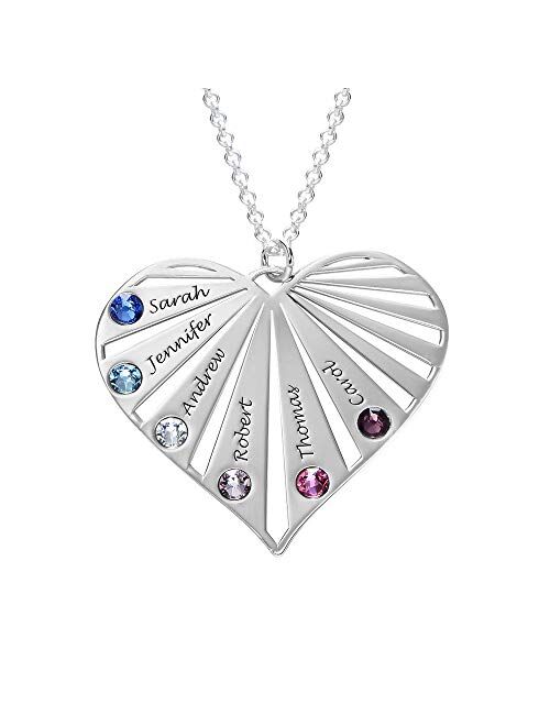 MyNameNecklace Personalized Family Heart Shape Engraved Love Necklace with or without Birthstones Precious Metal-Custom Made Mother Day Gift for Mom Wife