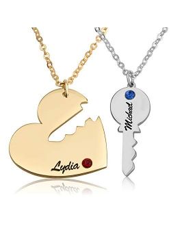 Beleco Jewelry Personalized Couple Heart And Key With Swarovski Birthstones Matching Necklace Set