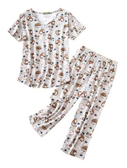 ENJOYNIGHT Women's Cute Sleepwear Tops with Capri Pants Pajama Sets