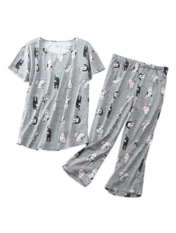 ENJOYNIGHT Women's Cute Sleepwear Tops with Capri Pants Pajama Sets