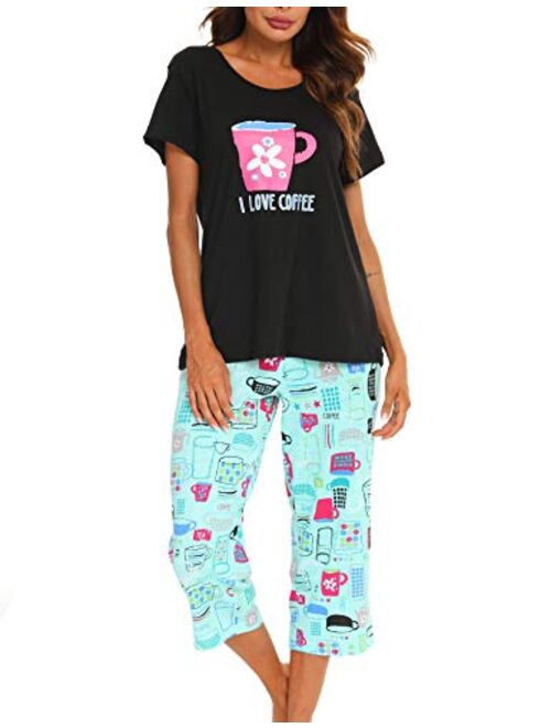 ENJOYNIGHT Women's Cute Sleepwear Tops with Capri Pants Pajama Sets
