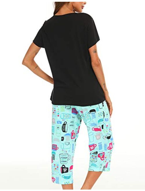 ENJOYNIGHT Women's Cute Sleepwear Tops with Capri Pants Pajama Sets