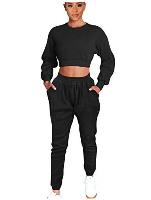 Mizoci Women's 2 Piece Outfits Workout Tracksuit Long Sleeve Crop knitted lounge set