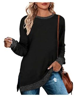 WEESO Women's Long Sleeve Sweatshirts Color Block Crewneck Sweaters Tunic Tops