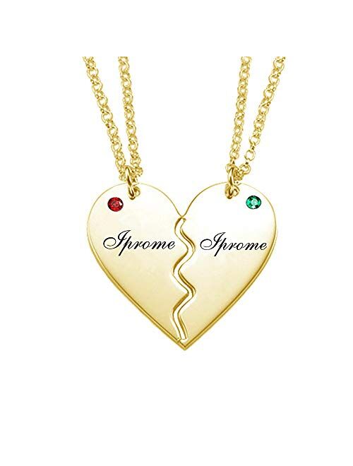 Iprome Customized Mens Womens Couple Necklace, 2 Half Heart Necklace Pendant With Birthstone