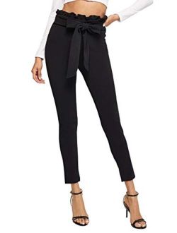 Yidarton Womens Cropped Pants Paper Bag Waist Self-tie Belted Pants Casual Trousers with Pockets