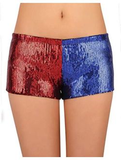 HDE Women's Red and Blue Metallic Sequin Booty Shorts for Harley Misfit Halloween Costume