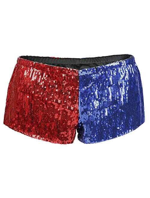 HDE Women's Red and Blue Metallic Sequin Booty Shorts for Harley Misfit Halloween Costume