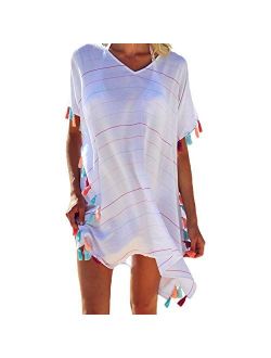 Women Perspective Stripe Print Tassel Swimsuit Cover Up Dress Kaftan Bikini Swimwear Cover-Ups