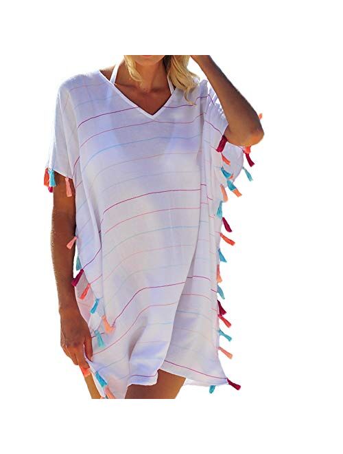 Multitrust Women Perspective Stripe Print Tassel Swimsuit Cover Up Dress Kaftan Bikini Swimwear Cover-Ups