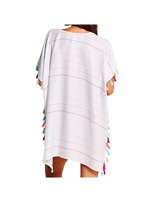 Multitrust Women Perspective Stripe Print Tassel Swimsuit Cover Up Dress Kaftan Bikini Swimwear Cover-Ups