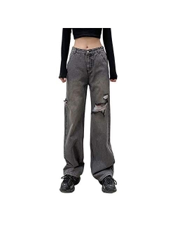Women High Waisted Patchwork Straight Jeans Denim Color Block Distressed Capris Denim Pants Trousers