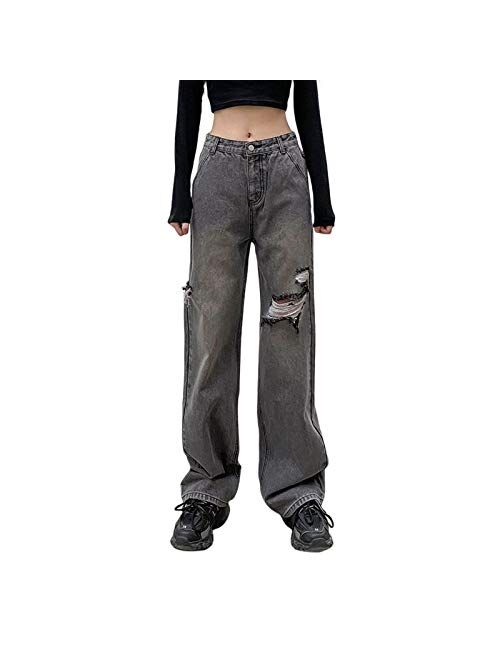 Multitrust Women High Waisted Patchwork Straight Jeans Denim Color Block Distressed Capris Denim Pants Trousers