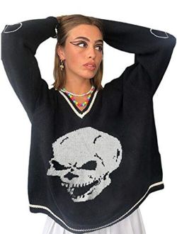 Women Girls Y2K Argyle Preppy Style Knit Sweater Top Long Sleeve Streetwear E-Girls 90s Plaid Skull Sweater Vest Pullover