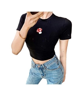 Women Girls Y2K Gothic Graphic Print Crop T Shirts Tops Round Neck Kawaii E-Girl Short Sleeve Crop Tee Top