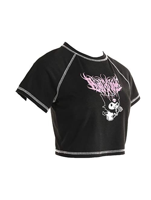 Multitrust Women Girls Y2K Gothic Graphic Print Crop T Shirts Tops Round Neck Kawaii E-Girl Short Sleeve Crop Tee Top