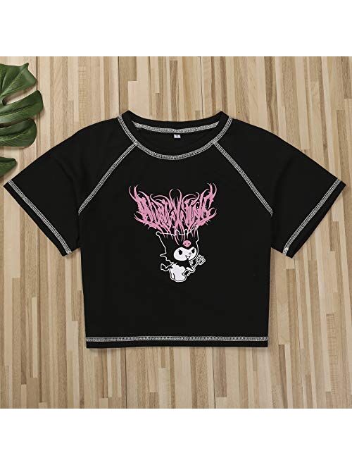 Multitrust Women Girls Y2K Gothic Graphic Print Crop T Shirts Tops Round Neck Kawaii E-Girl Short Sleeve Crop Tee Top