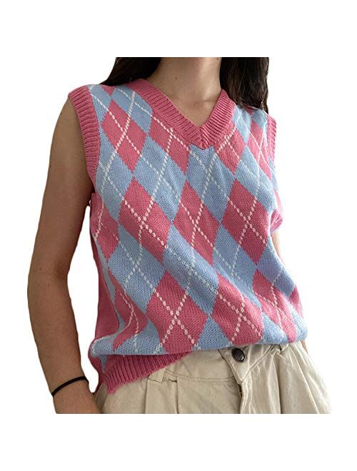 Women Sweater Vest Knitted V Neck Y2K Argyle Preppy Style Tank Top Plaid 90s E-Girls Crop Top Knitwear Streetwear