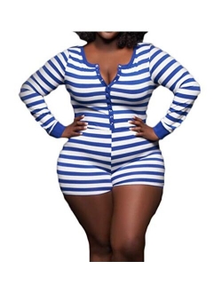 Wome Deep V Neck Funny Print Plus Size Jumpsuit Rompers Button Down Pajamas Stretch Short Bodysuits