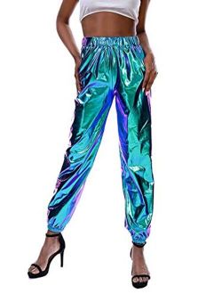 Women Metallic Glossy Shinny Hip-Hop Sweatpant Pants Casual Holographic Jogger Holographic Trousers