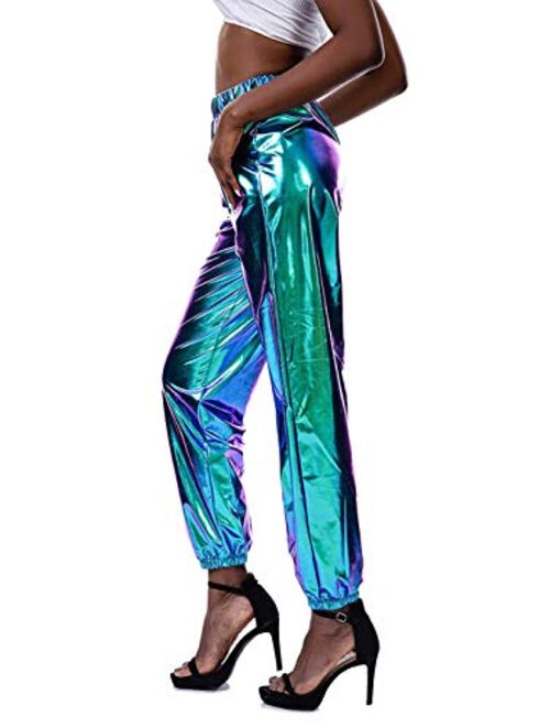 Multitrust Women Metallic Glossy Shinny Hip-Hop Sweatpant Pants Casual Holographic Jogger Holographic Trousers