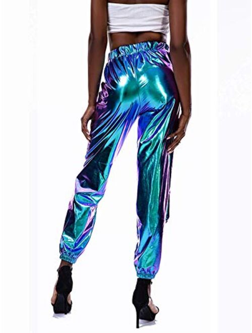 Multitrust Women Metallic Glossy Shinny Hip-Hop Sweatpant Pants Casual Holographic Jogger Holographic Trousers
