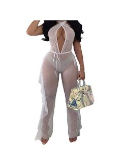 Sexy Women See Through Mesh Deep V Neck Ruffle Swimsuit Cover Up Jumpsuit Bikini Cover-up