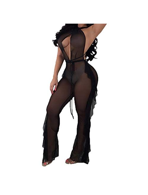 Multitrust Sexy Women See Through Mesh Deep V Neck Ruffle Swimsuit Cover Up Jumpsuit Bikini Cover-up