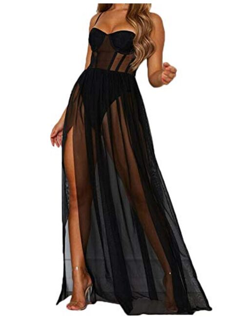 Multitrust Sexy Women Spaghetti Strap See Through Maxi Dress Mesh Sheer Beach Party Long Dresses