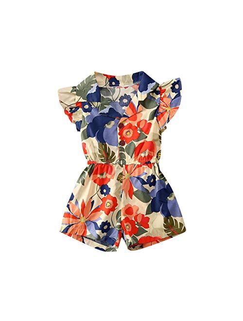 Multitrust Kids Baby Girls Floral Print Button Down Sleeveless Romper Jumpsuit Shorts Ruffle One Piece Playsuit Clothes