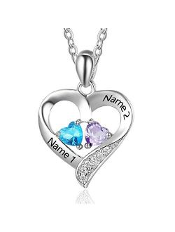 Lam Hub Fong Personalized Love Heart Silver-Tone Pendant Name Necklace with Cubic Zirconia Birthstone