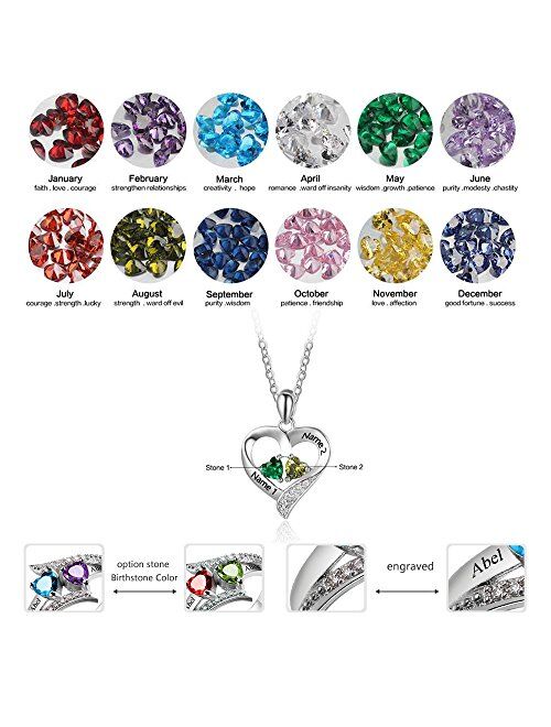 Lam Hub Fong Personalized Love Heart Silver-Tone Pendant Name Necklace with Cubic Zirconia Birthstone