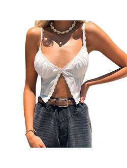 Sexy Women Lack V Neck Strappy Crop Tank Tops Camisole Y2k Tops Patchwork Backless Streetwear Crop Cami Shirts