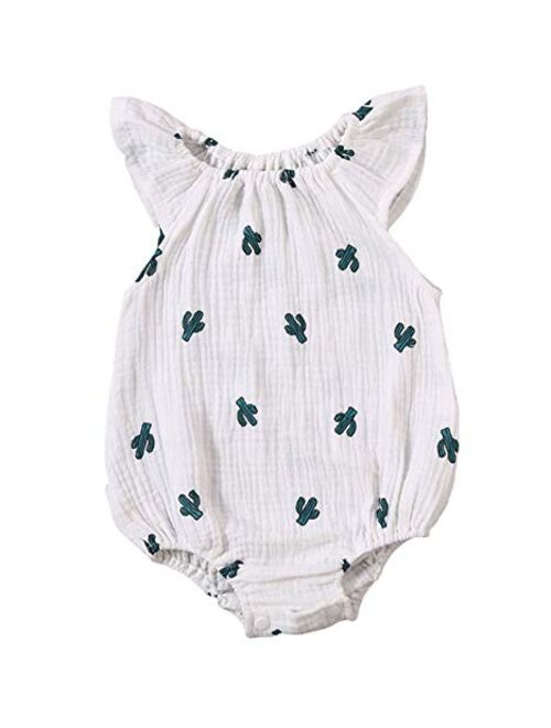 Multitrust Toddler Baby Girls Plant Print Ruffled Sleeve Romper Bodysuit Cotton Linen Baby Summer Jumpsuit Onesie Outfits