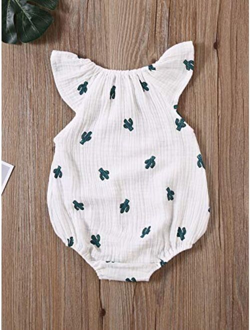 Multitrust Toddler Baby Girls Plant Print Ruffled Sleeve Romper Bodysuit Cotton Linen Baby Summer Jumpsuit Onesie Outfits